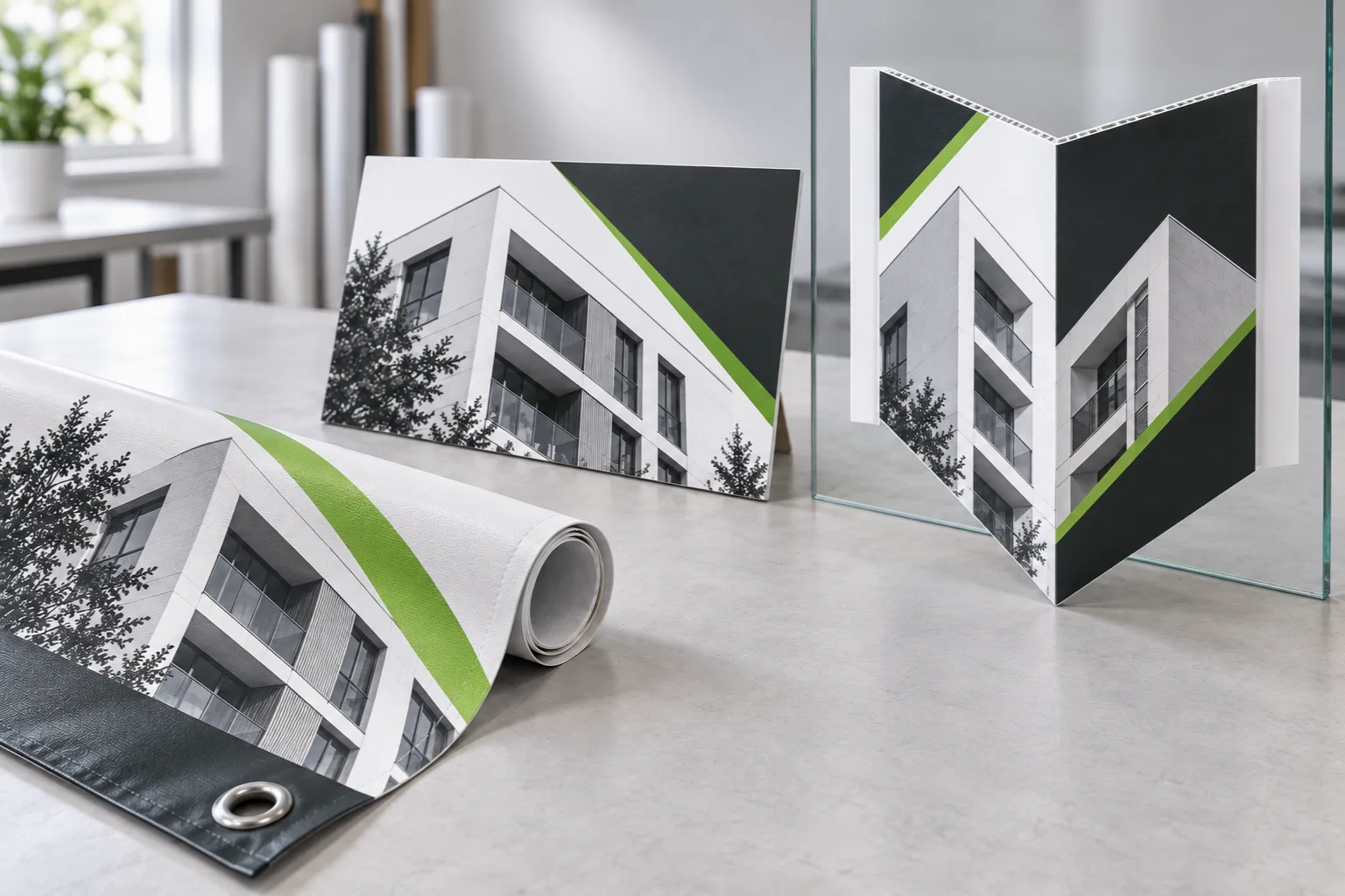 Panneau pliant, panneau plat et bâche aux visuels assortis en blanc, anthracite et vert
