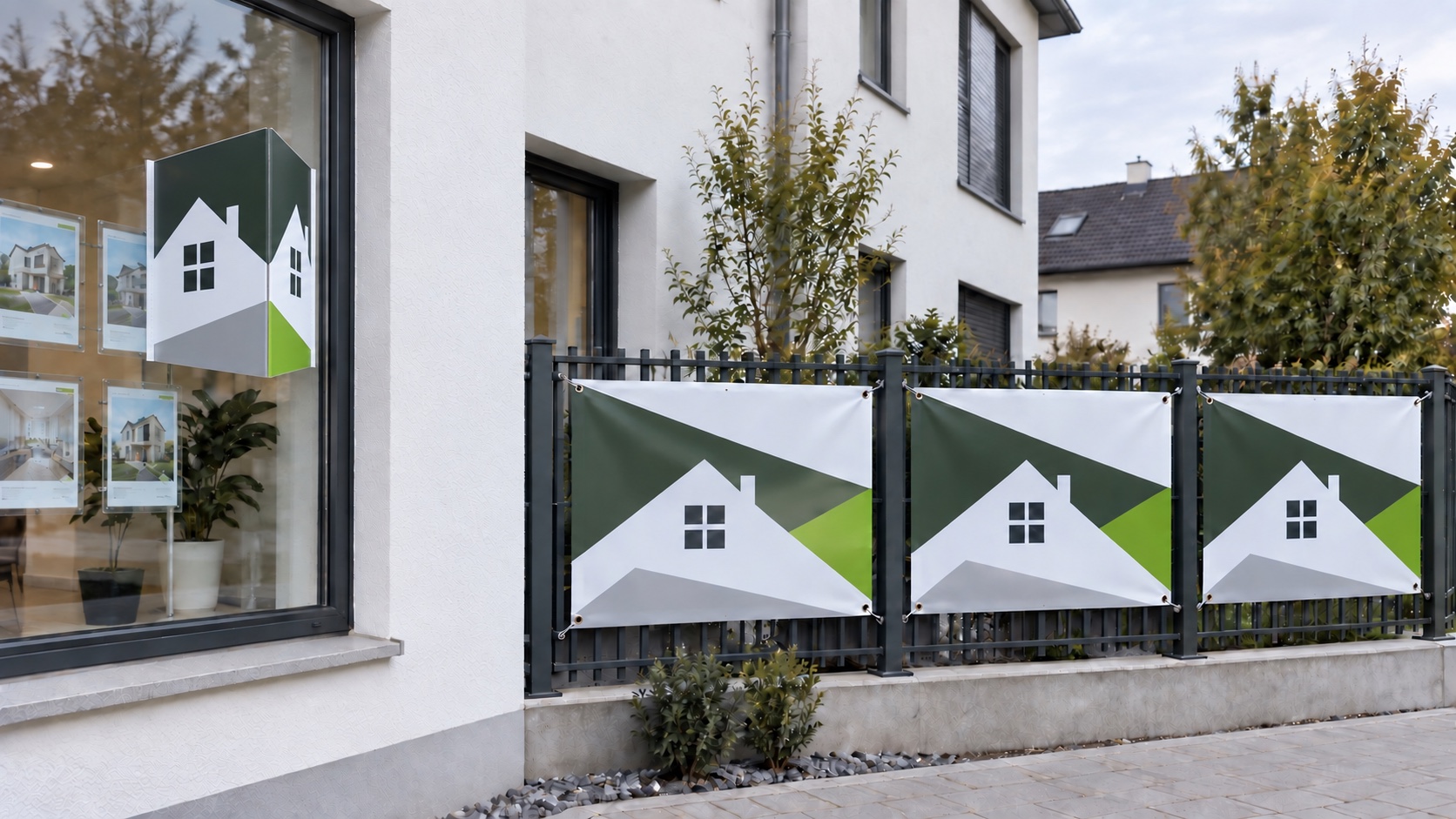 Panneau alvéolaire plié en triangle sur une fenêtre et trois bâches publicitaires de même taille sur une clôture