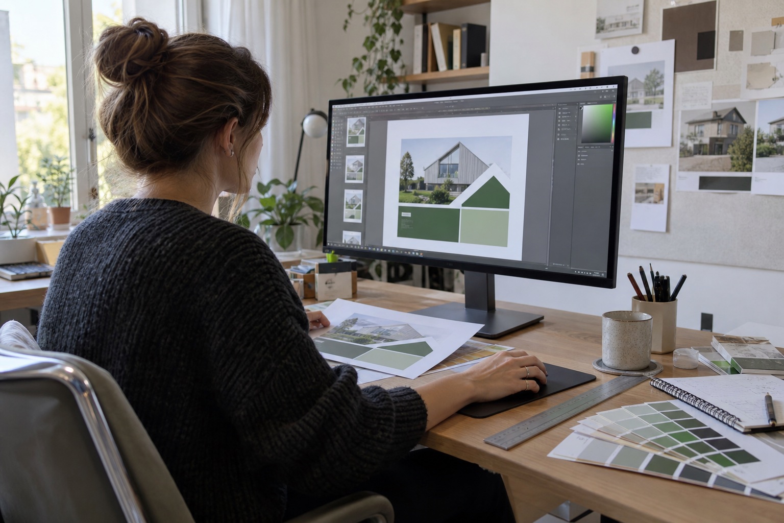 Graphiste freelance vérifiant une maquette de publicité immobilière imprimée