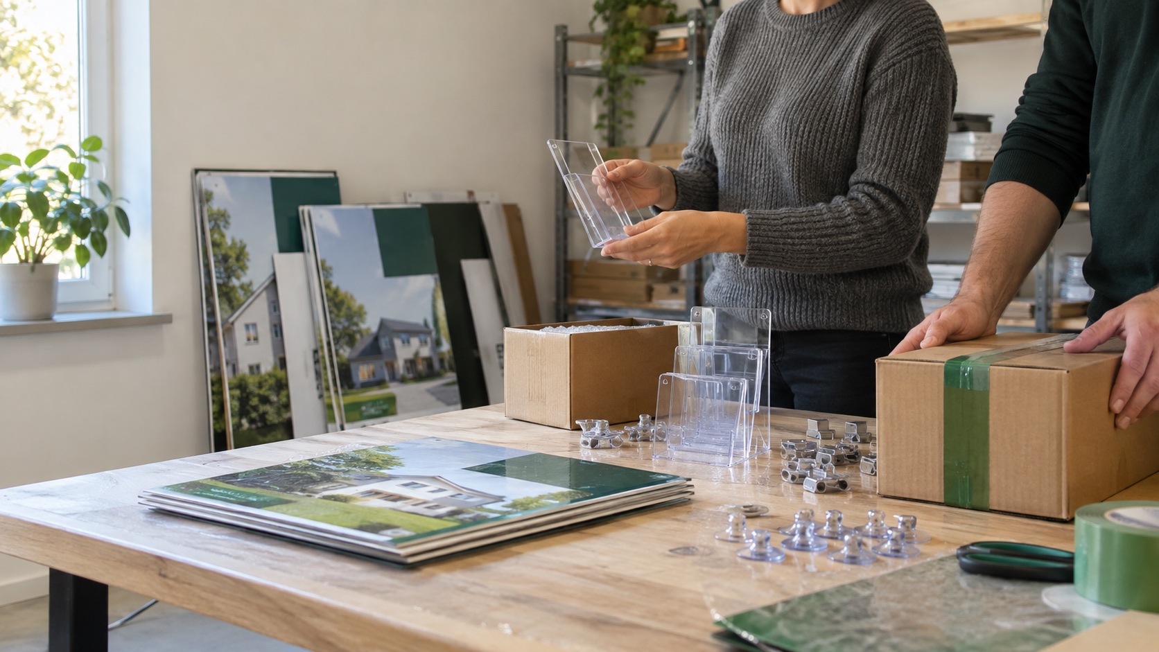 Partenaires préparant des supports de communication immobilière et des accessoires de fixation pour l’expédition