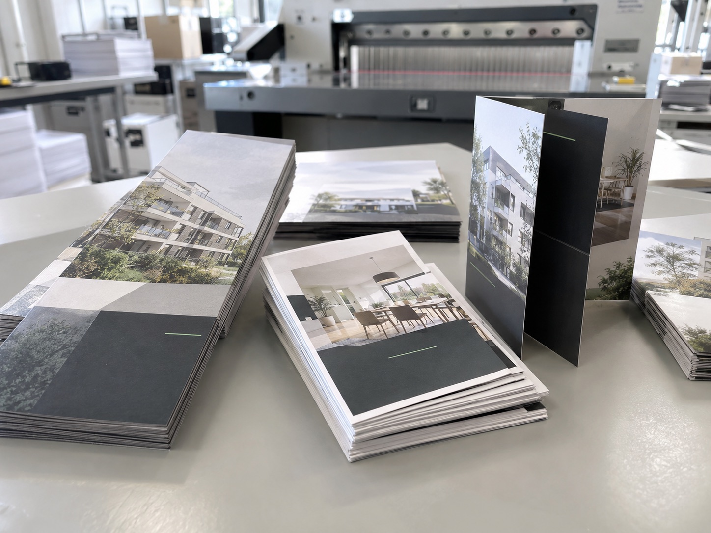 Flyers imprimés en formats standards et pliés sur une table de production
