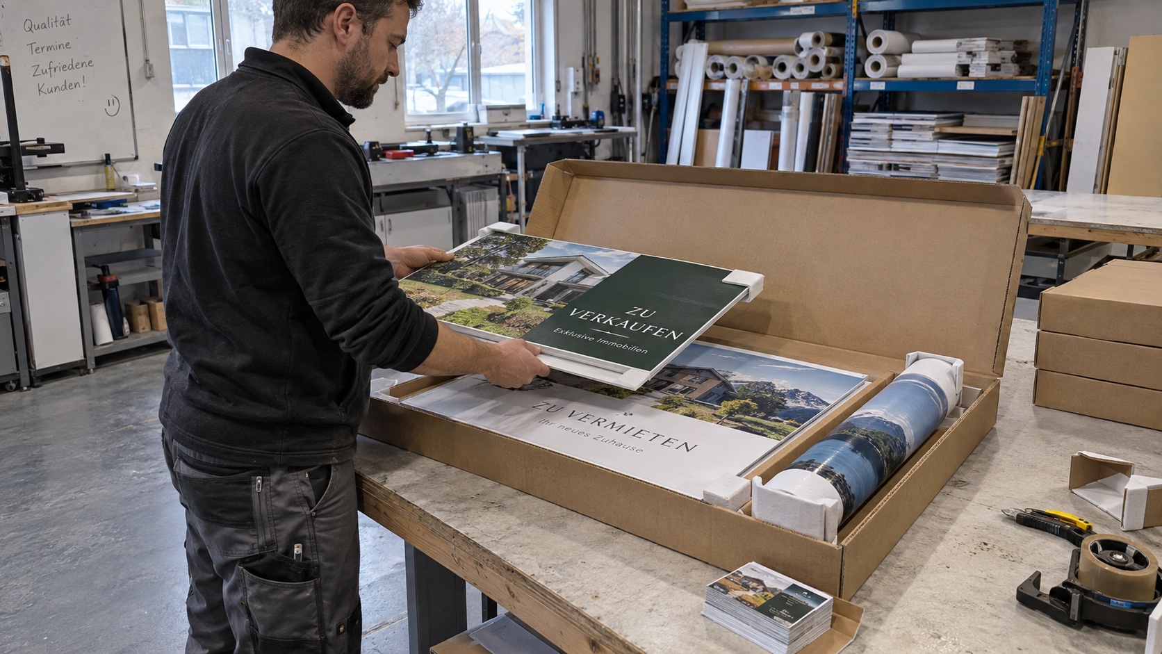Employé d’imprimerie emballant des panneaux plats et une bâche pour une commande en marque blanche